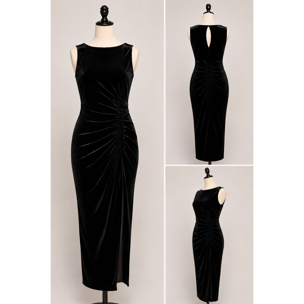 Azazie Black Velvet Ruched Maxi Dress V-Back Evening Gown Dark Romantic Holiday